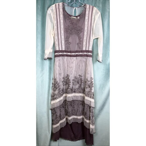 36 Bust Nataya Tiered Edwardian Style Dress Gray Ivory S - Picture 1 of 6